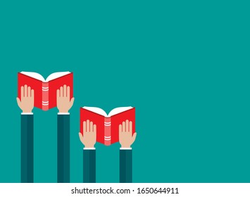 Businessman hands hold red open book isolated on blue. Flat reading icon. Vector illustration. Education, study, advanced training.  Knowledge, expert, skills
