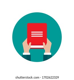 Businessman hands hold red open book in blue circle. Flat reading icon. Vector illustration. Education, study, advanced training.  Knowledge, expert, skills