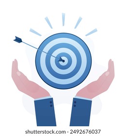 Businessman hands hold target with arrow hit bullseye. Goal or target, focus and concentration to achieve success, motivation and ambitions. Aiming at target bullseye, accuracy. vector illustration