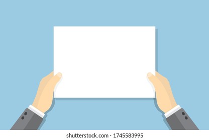 Businessman Hands Holding Blank White Sheet Of Paper. Empty Space For Text Or Object In The Middle Of Graphic. Business Concept. Cartoon Style. Vector Illustration. 