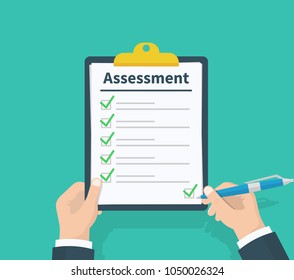 Businessman hands holding clipboard checklist with pen. Assessment, complete tasks, to-do list, survey, exam concepts. Best quality. Flat illustration of clipboard with checklist icon for web. Vector