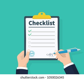 Businessman hands holding clipboard checklist with pen. Checklist, complete tasks, to-do list, survey, exam concepts. Best quality. Flat illustration of clipboard with checklist icon for web. Vector