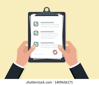 Businessman Hands holding clipboard checklist. Clipboard with checklist icon for web with green check boxes