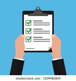 Businessman Hands holding clipboard checklist. Clipboard with checklist icon for web with green check boxes