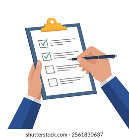 Businessman hands holding clipboard with checklist with green check marks and pen. Flat vector illustration for task planning, productivity, project management, to do lists, surveys, and goal tracking