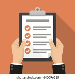 Businessman hands holding clipboard checklist in a flat design with long shadow