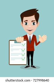Businessman hands holding clipboard checklist in a flat design. Stock vector illustration.