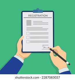 Businessman hands holding clipboard with pen and writing on a registration form in a flat design 