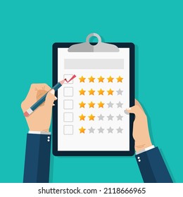 Businessman hands holding clipboard with rate stars and pencil. Customer satisfaction filling form on clipboard. Feedback and service rating template concept