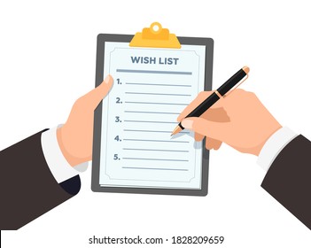 Businessman hands holding clipboard with wish list. Business man with pen writes down wishes on paper wishlist form flat eps vector illustration