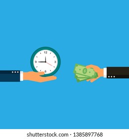 businessman hands holding a clock and dollars banknotes. exchanging time with money. buying time concept isolated on blue background. vector Illustration.
