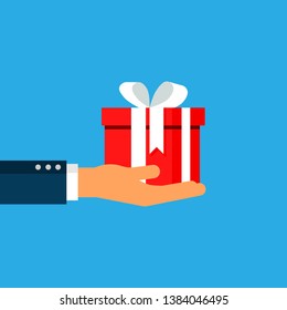 businessman hands holding a gift box Isolated on blue background. Vector Illustration.