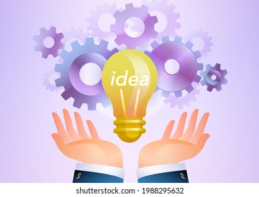 Businessman hands holding glowing and elevating light bulb over purple gears background. Idea concept vector illustration.