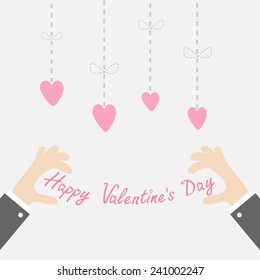 Businessman hands holding Happy Valentines day text Hanging dash line hearts Isolated Vector illustration