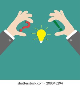 Businessman hands holding idea light bulb question and exclamation marks. Flat design. Vector illustration