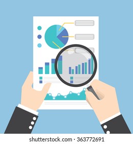 Businessman hands holding a magnifying glass and analysing the data, Data analysis concept, VECTOR, EPS10