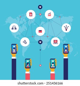 Businessman hands holding mobile smart phone with web icons Social network and e-commerce Successful business concept 