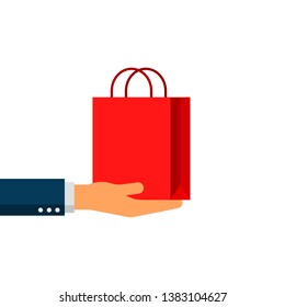 businessman hands holding a red shopping bag isolated on white background. vector Illustration.