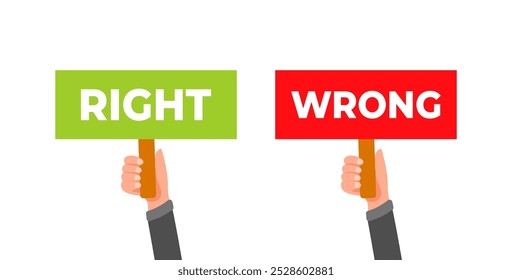 Manos del hombre de negocios que sostienen las señales correctas e incorrectas Anuncios carteles