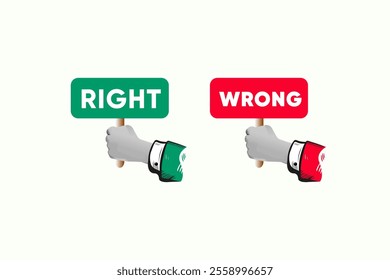 Businessman hands holding right and wrong signs. Collage Art Vector illustration