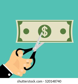 Businessman Hands holding scissors and cutting money. 