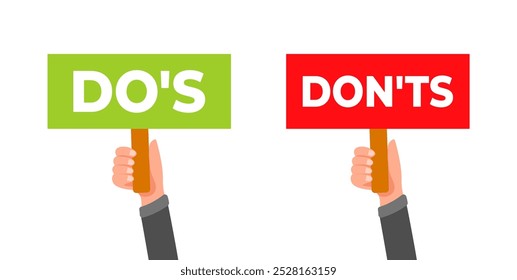 Businessman hands holding signs with dos and donts listing rules