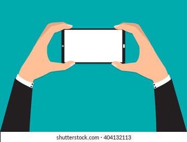 Businessman hands holding smartphone taking a photo on green background. Vector illustration phone photography technology concept.