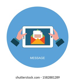 Businessman hands holding tablet computer with social network messages chat on the screen