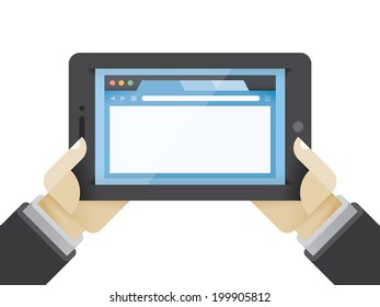 Businessman hands holding tablet computer with internet browser on the screen with copy space for your text
