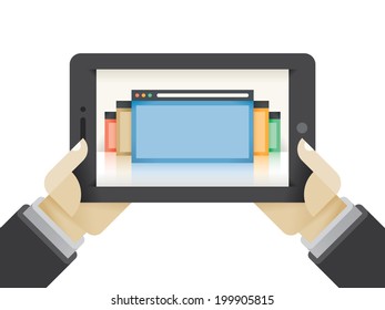 Businessman hands holding tablet computer with internet browser windows on the screen and copy space for your text.
