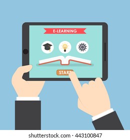 Businessman hands holding tablet computer with e-learning system, E-Learning concept