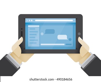 Businessman hands holding tablet computer with social network messages chat on the screen. Idea - Social networking in modern business