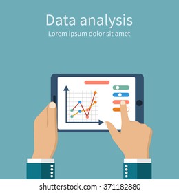 Businessman hands holding a tablet with financial chart and graph. Financial data analysis concept. Business strategy planning. Analysis action. Vector illustration, flat style.