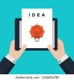 Businessman Hands Holding Tablet with Light Bulb on Screen. Vector Illustration. Flat Style Business Concept