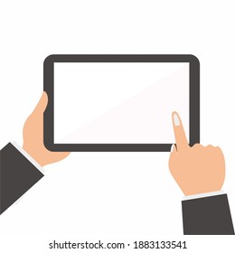 El empresario sostiene la tableta y toca en una pantalla en blanco. Usar tableta digital pc similar al concepto ipad. Ilustración vectorial de diseño plano para banner web, sitio web, infografías