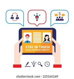 Businessman hands holding the tablet with web icons. Stay in touch, social network and e-commerce, successful business concept. Vector illustration 