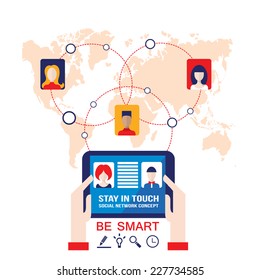 Businessman hands holding the tablet with web icons on world map background. Stay in touch, social network and e-commerce, successful business concept. Vector illustration