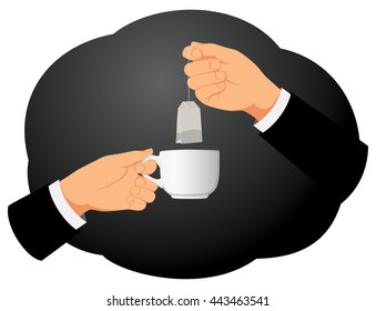 Businessman hands holding tea bag and cup. Teatime. Coffee break.