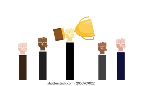 businessman hands holding winner trophy, symbol of success, vector illustration flat design style and isolated on white background