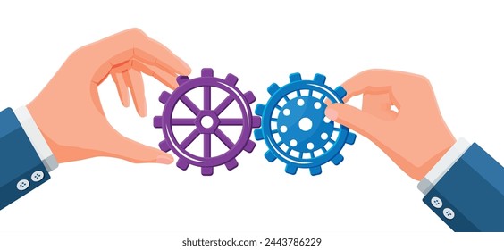 Businessman hands joining two gears together. Business team and teamwork concept. Partnership, business, cooperation, collaboration and management. Flat vector illustration