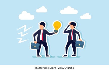 A businessman hands a lamp to another businessman with a speech bubble, illustration of discussions about business ideas and innovations