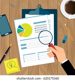  Businessman hands with magnifier analysis paper sheet. Auditing tax, financial market analysis, seo, financial report. vector illustration in flat design.