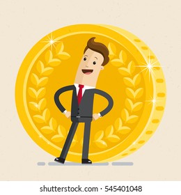 Businessman hands on the belt behind a large gold coin. Vector Illustration flat style.