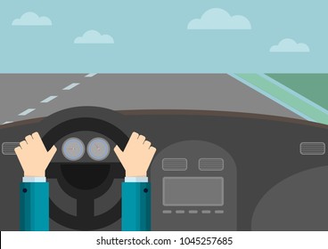 businessman hands on car steering wheel - vector illustration in flat style
