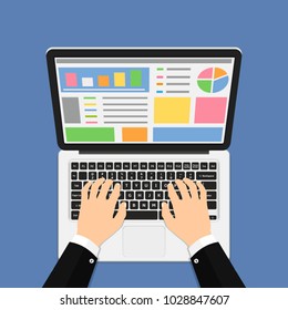 Businessman hands on laptop keyboard. Flat style vector illustration.