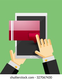 Businessman hands on mobile tablet with web dialog box. Communication, mobility or internet service concept