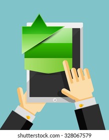 Businessman hands on mobile tablet with web dialog box. Communication, mobility or internet service concept