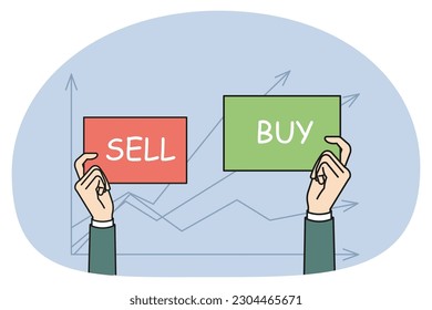 Businessman hands on stock market chart background hold Buy and Sell signs. Man trader or investor exchange business data. Trading and investing concept. Flat vector illustration.