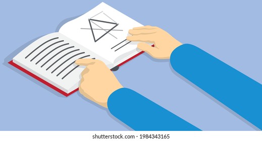 Businessman Hands Open Book With Symbols On Pages. Man Shows Text On Textbook Page. Person Reads Book And Studies Information. Person Points To Open Textbook In Red Cover Vector Illustration