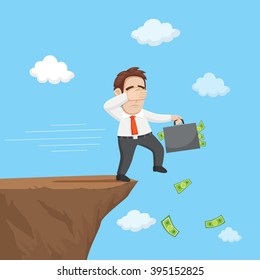 Businessman with hands over eyes walks off the cliff, vector  illustration